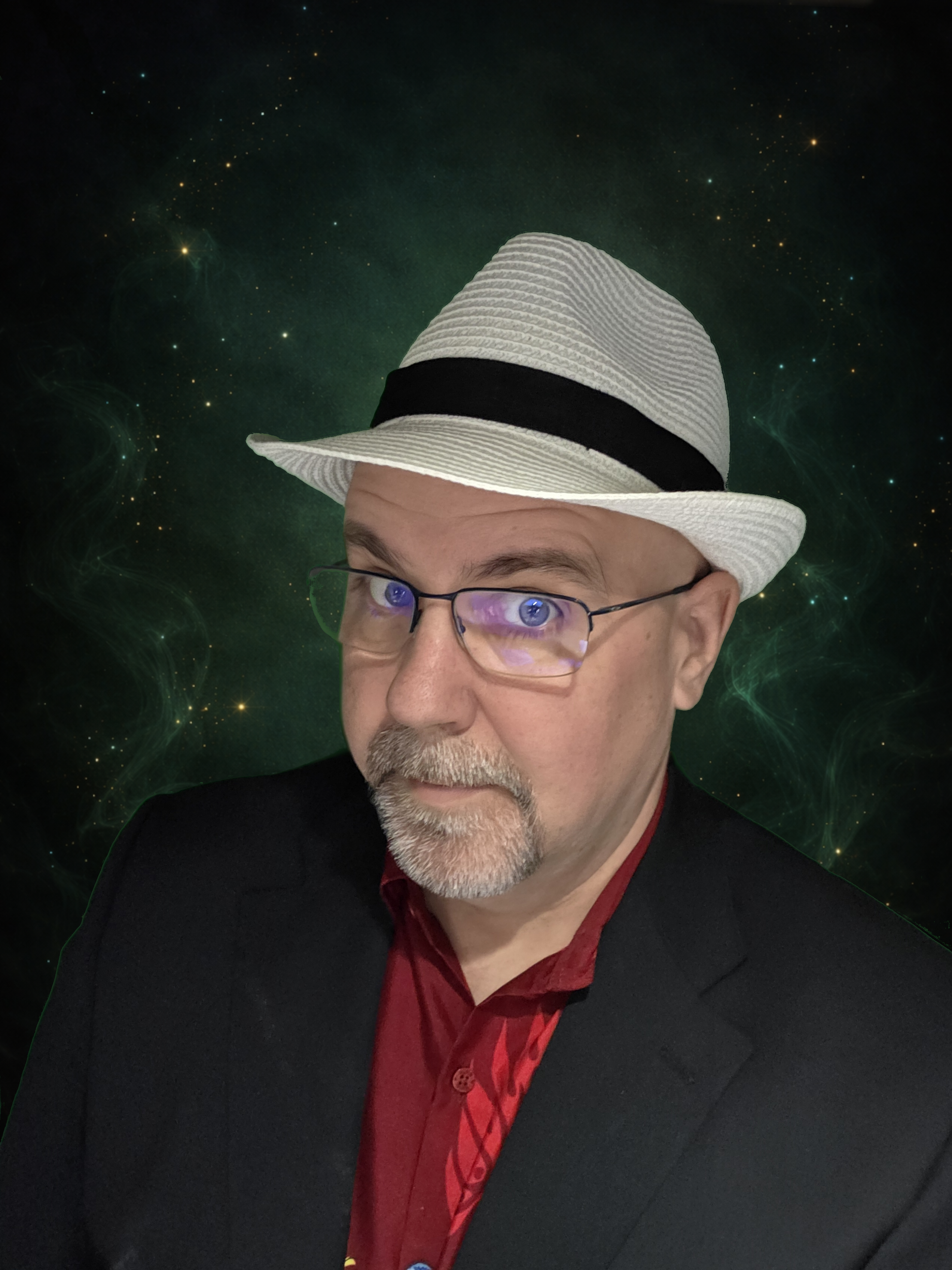 Micromancer in a white fedora, red shirt, and black jacket